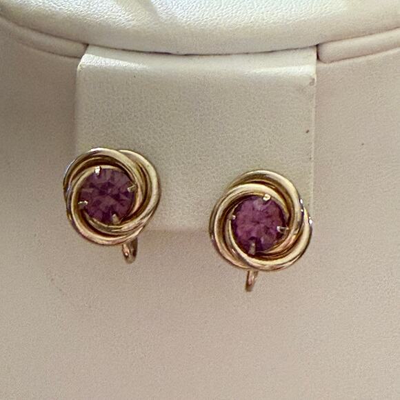 Vintage Coro Gold Tone Purple Stone Earrings - Picture 7 of 7